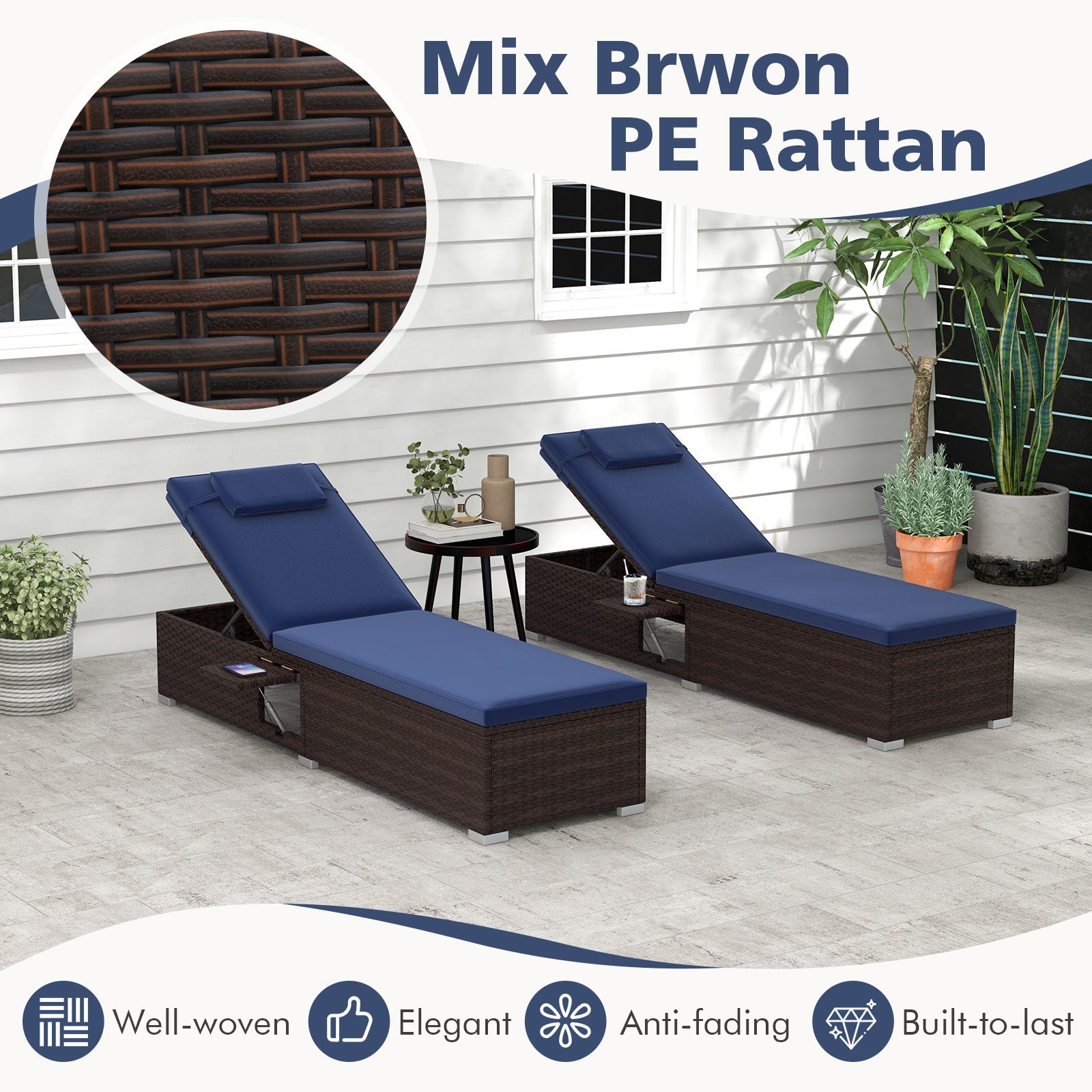 Patio Chaise Lounge Set of 2 with Backrest Seat Cushion and Headrest