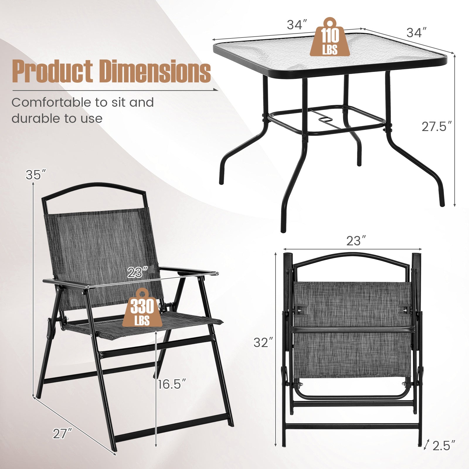 Patio Dining Set for 4 with Umbrella Hole-Gray