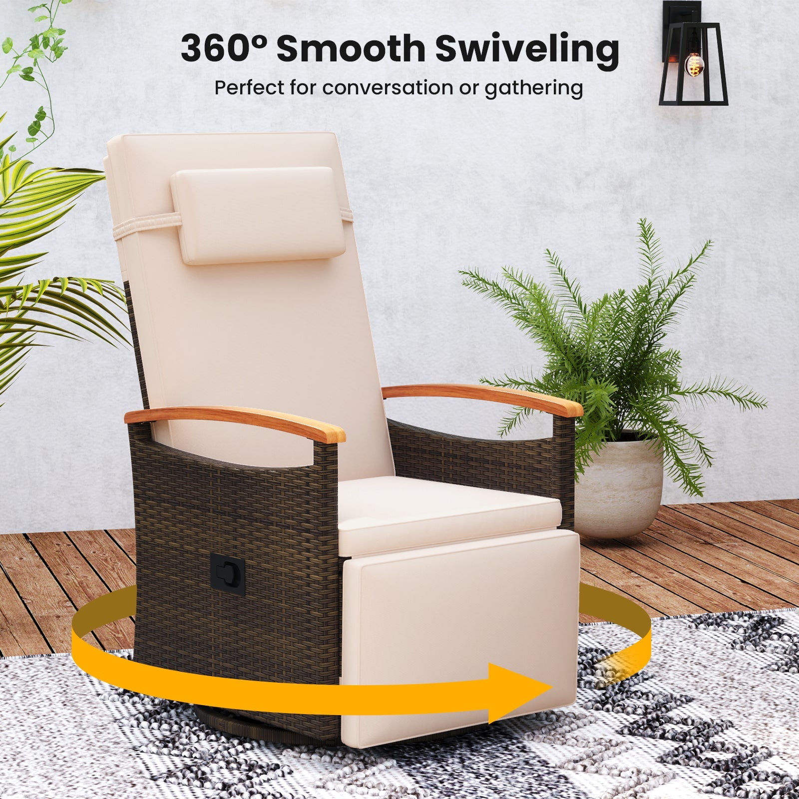 Patio Rattan 360° Swivel Recliner Chair with Adjustable Backrest and Footrest