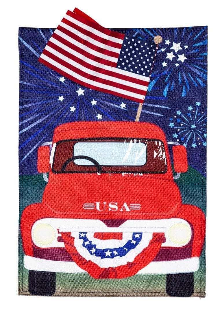 Patriotic Red Truck Garden Flag 2 Sided July 4th