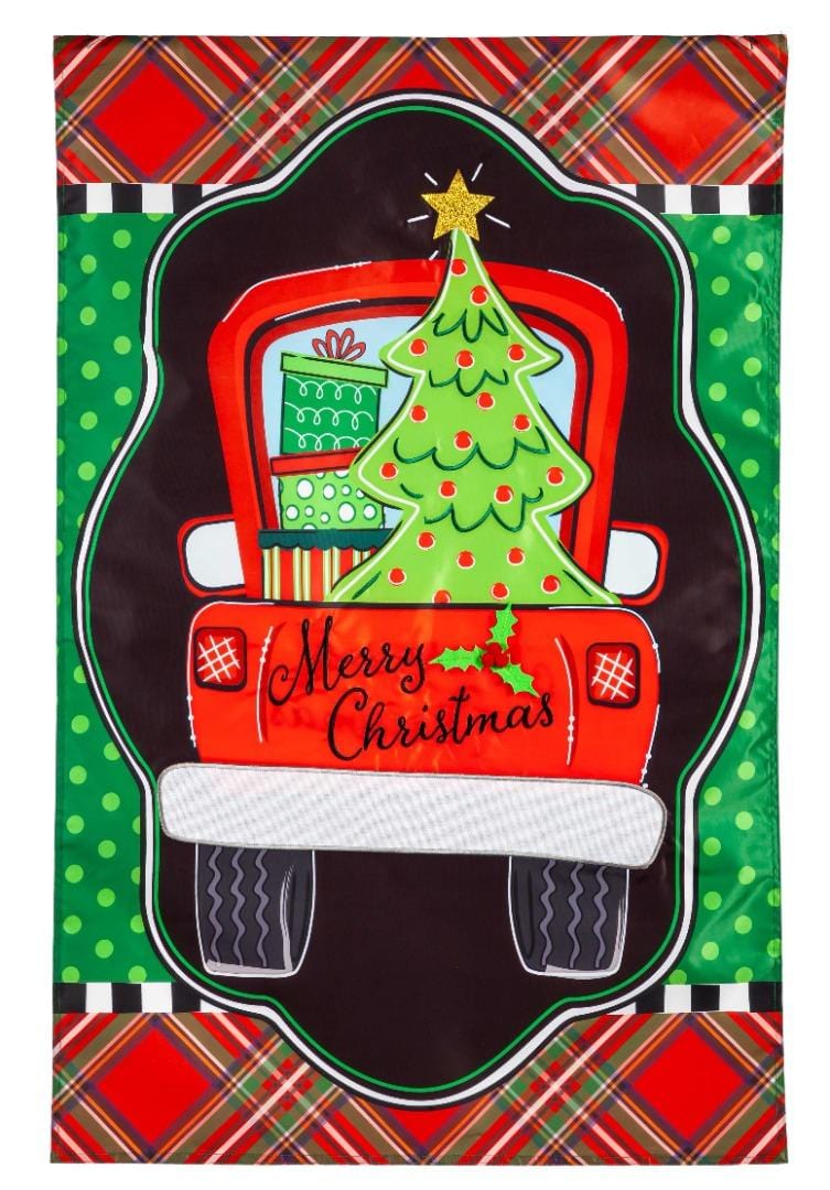 Patterned Christmas Truck Garden Flag 2 Sided Merry Christmas