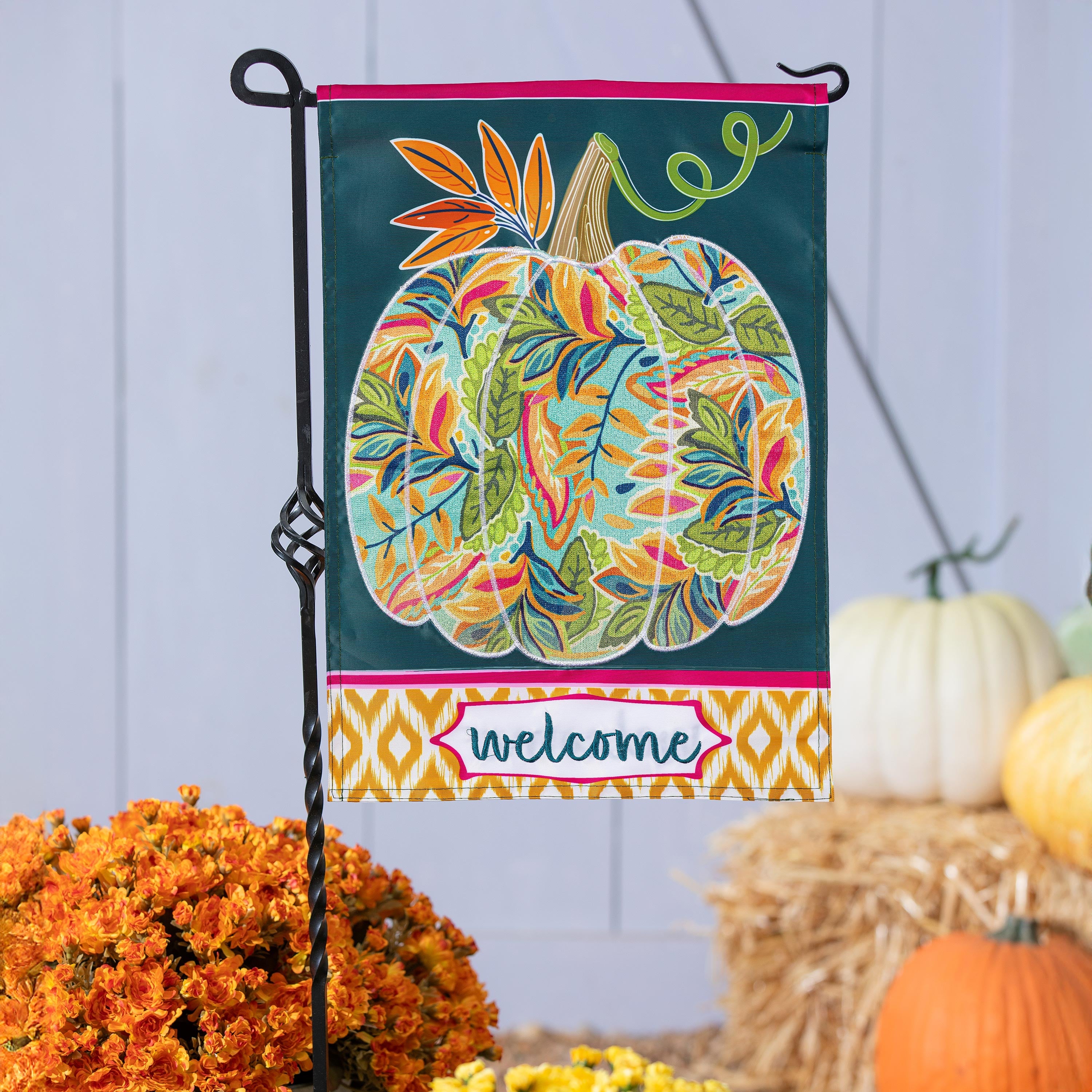 Patterned Jacobean Floral Pumpkin 2 Sided Garden Flag