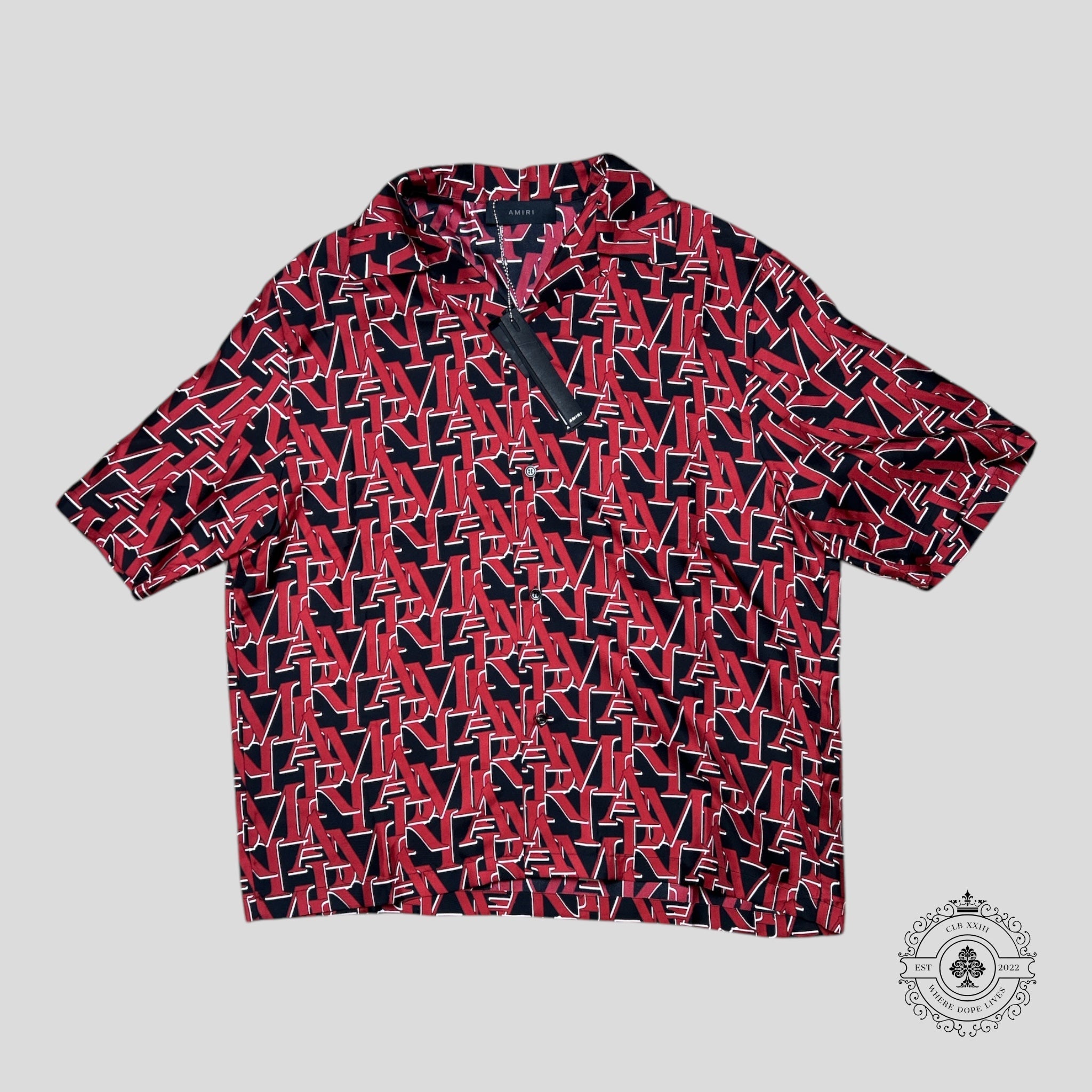Amiri Staggered Logo Silk Button Up Bowling Shirt in Red/Black