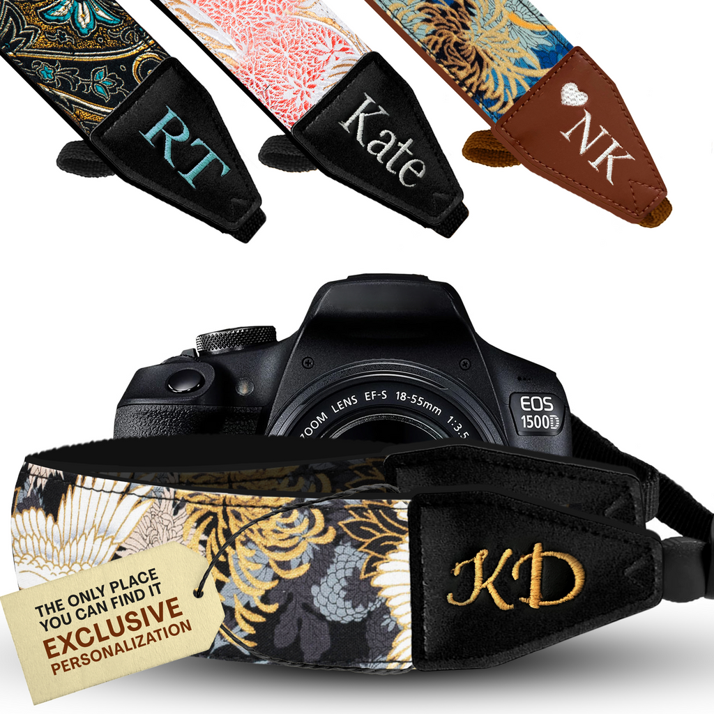 Personalized Embroidered Black Japanese Camera Strap - Camera Strap for SLR/ DSLR