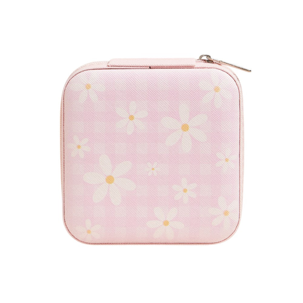 Daisy Flower Checkered Pattern Portable Square Jewelry Box