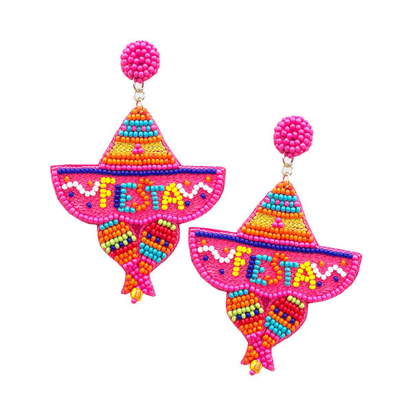 Felt Back Fiestas Beaded Hat Message Dangle Earrings