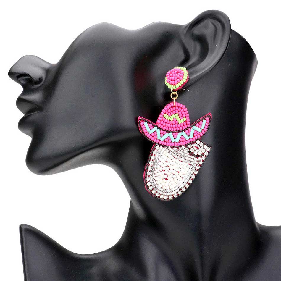Felt Back Seed Beaded Cowboy Hat Accented Dangle Earrings