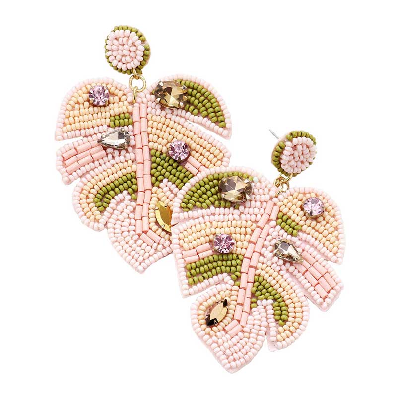 Felt Back Stone Embellished Seed Beaded Leaf Dangle Earring