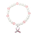 Rhinestone Pink Ribbon Charm Pearl Stretch Bracelet