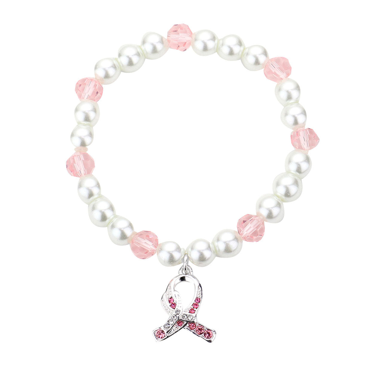 Rhinestone Pink Ribbon Charm Pearl Stretch Bracelet