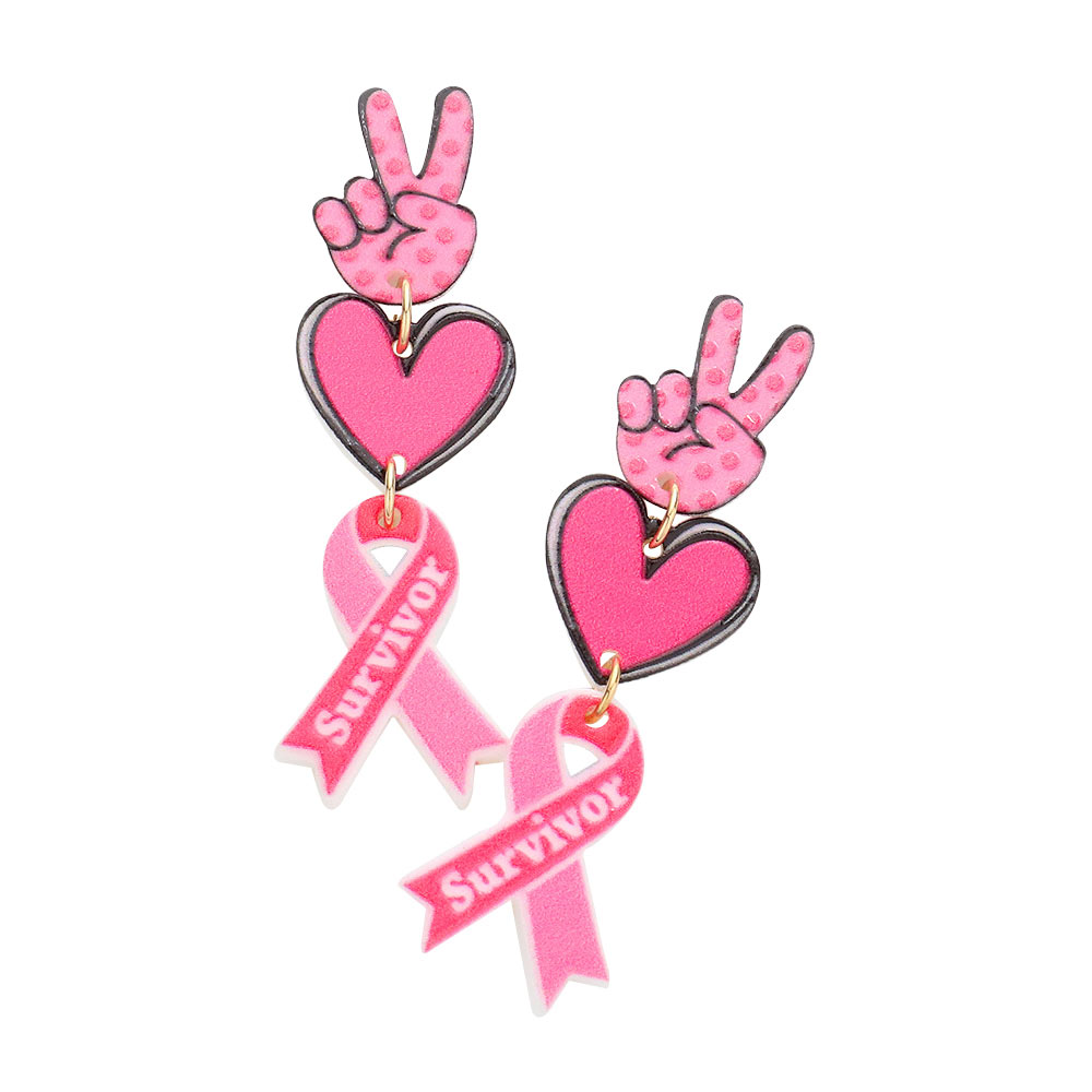 Survivor Message Resin Peace Sign Heart Pink Ribbon Earrings