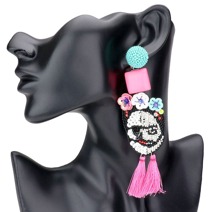 Triple Flower Seed Beaded Skull Tassel Link Dangle Earrings