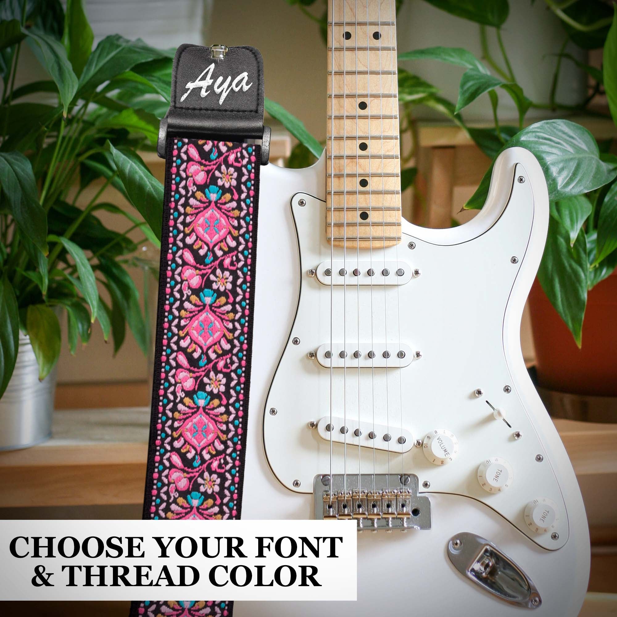 Custom Pink Woven Vintage Design Guitar Strap W/FREE BONUS- 2 Picks + Strap Locks + Strap Button