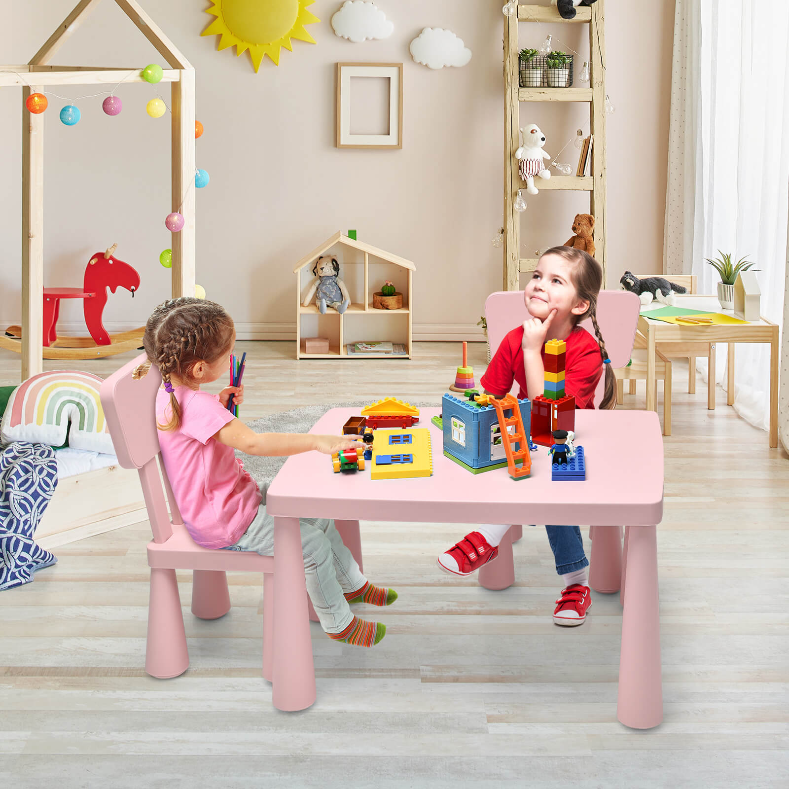 3 Pieces Toddler Multi Activity Play Dining Study Kids Table and Chair Set-Pink