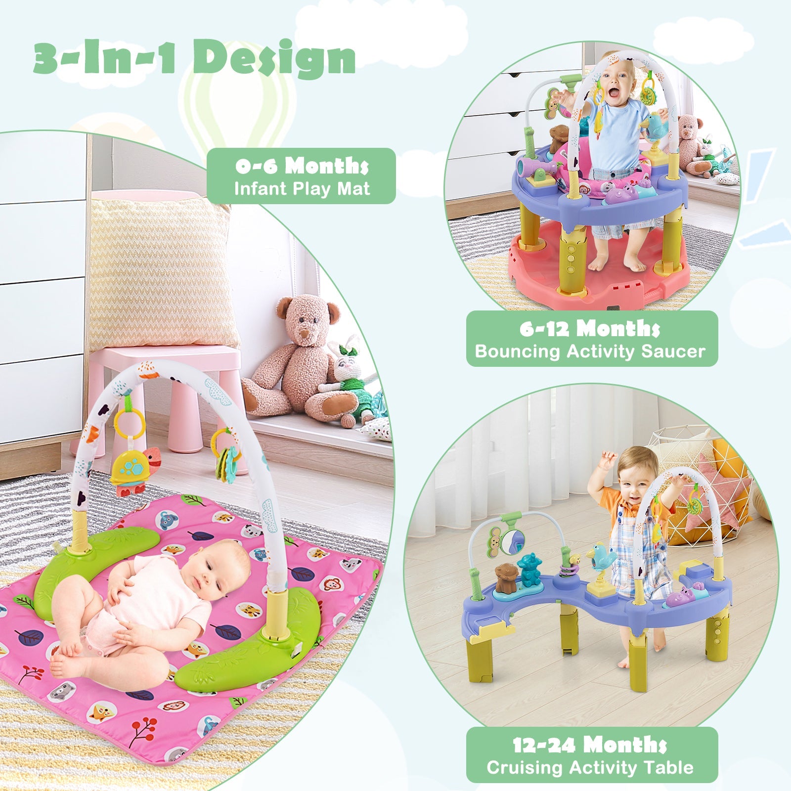 3-in-1 Baby Activity Center with 3-position for 0-24 Months-Pink