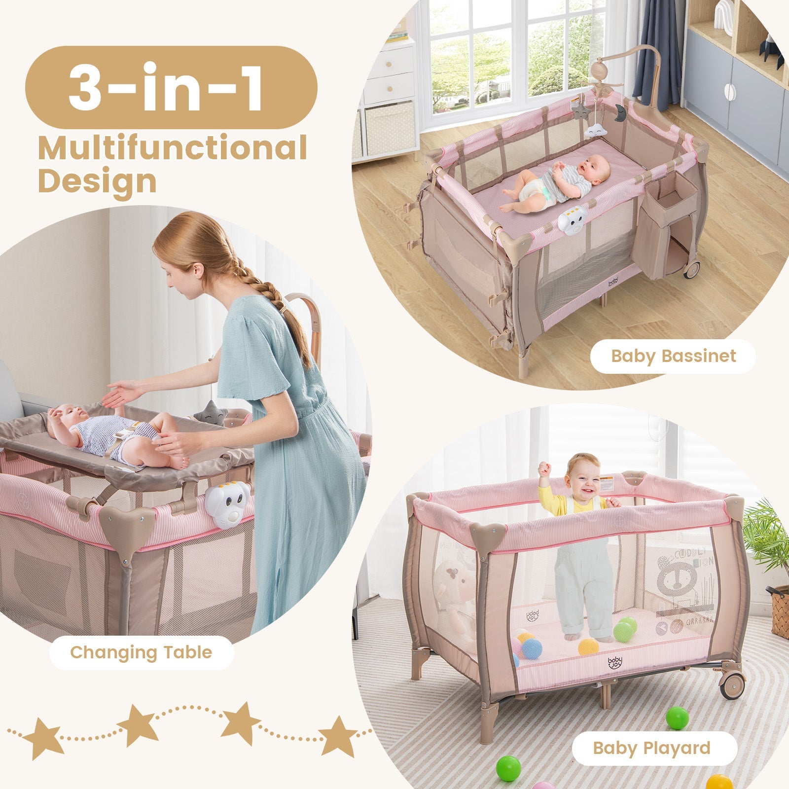 Portable Baby Playard with Changing Table Bassinet and Music Box-Pink