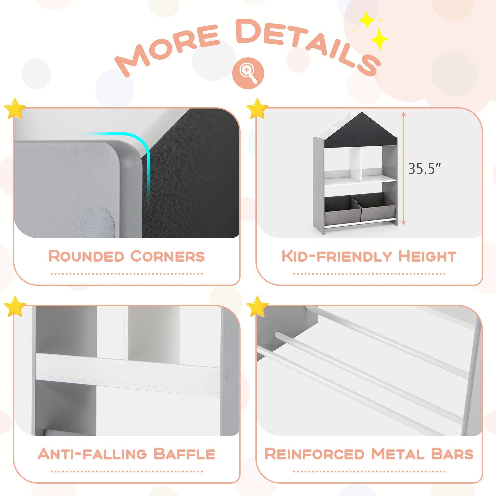 Playhouse Kids Bookshelf with Chalkboard and Whiteboard for 3-6 Years-Gray