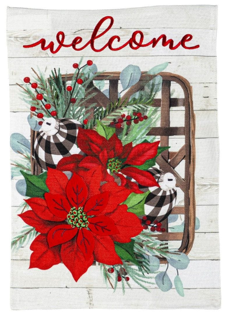 Poinsettia Tobacco Basket Christmas Garden Flag 2 Sided Burlap