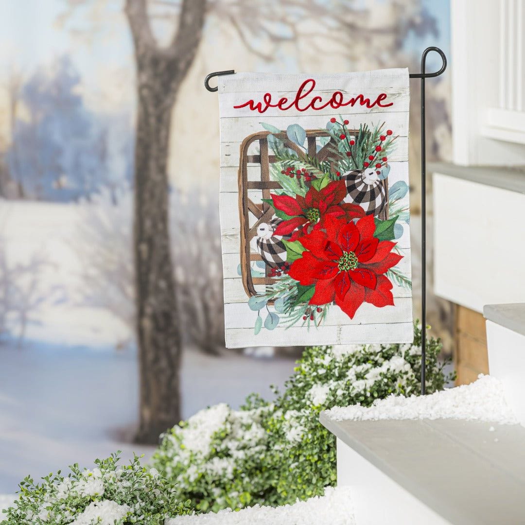 Poinsettia Tobacco Basket Christmas Garden Flag 2 Sided Burlap