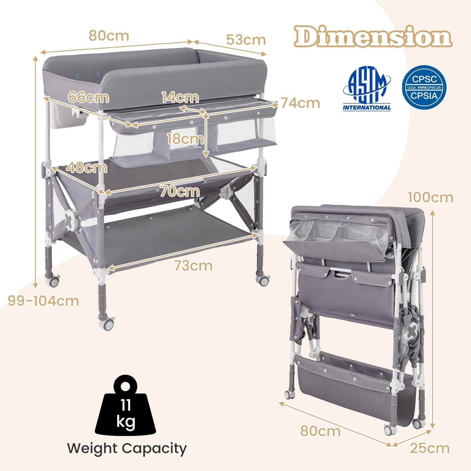 Portable Baby Changing Table with Wheels and Large Storage Rack-Gray