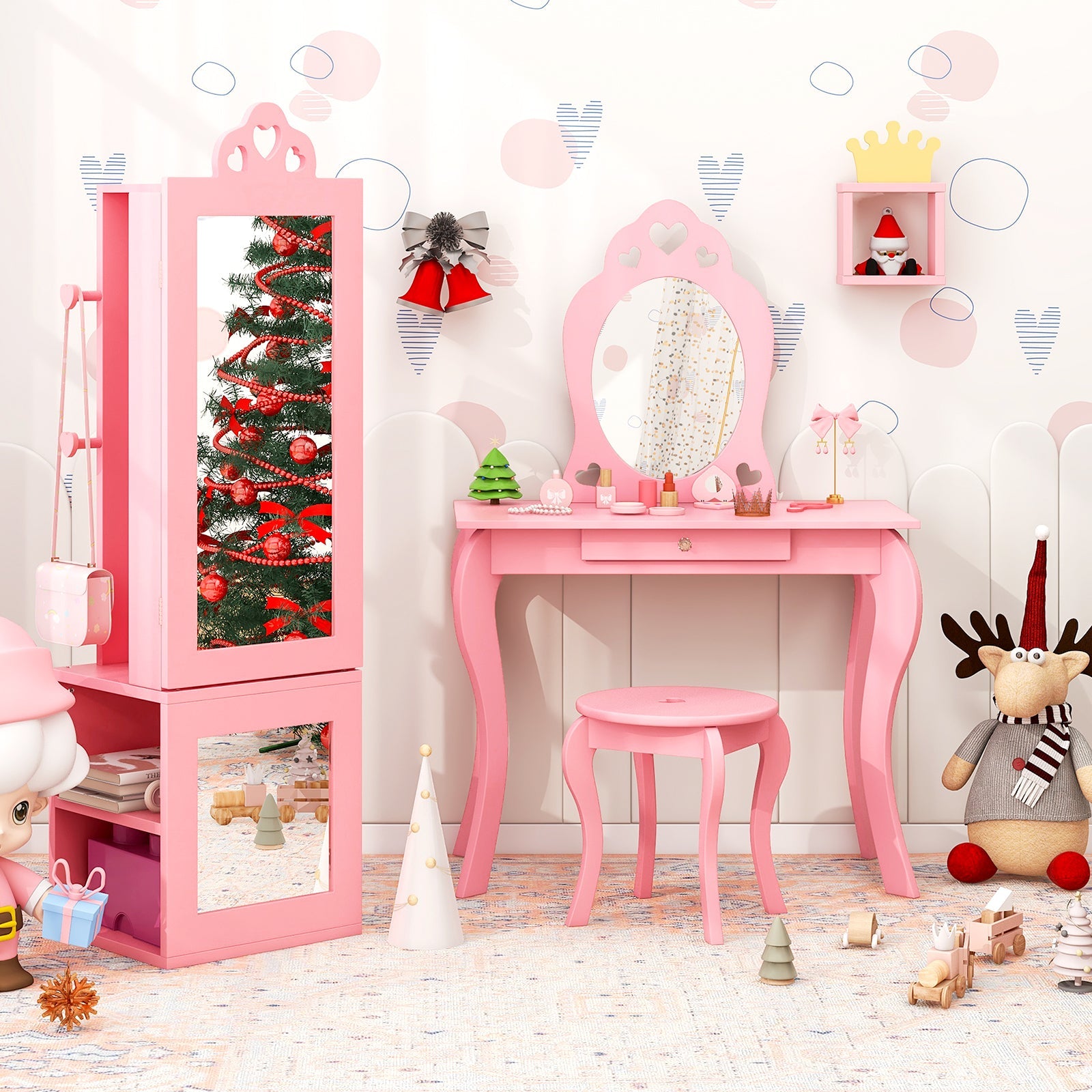 Princess Vanity Table and Stool Set Freestanding Jewelry Cabinet Armoire with Full-Length Mirror-Pink