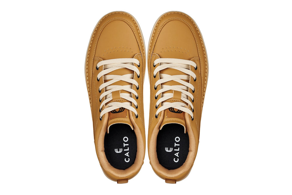 CALTO - Q274 - 2 Inches Taller (Camel Brown & Gum Sole) - Elevated Leatherette Micro-Perforated Sneakers