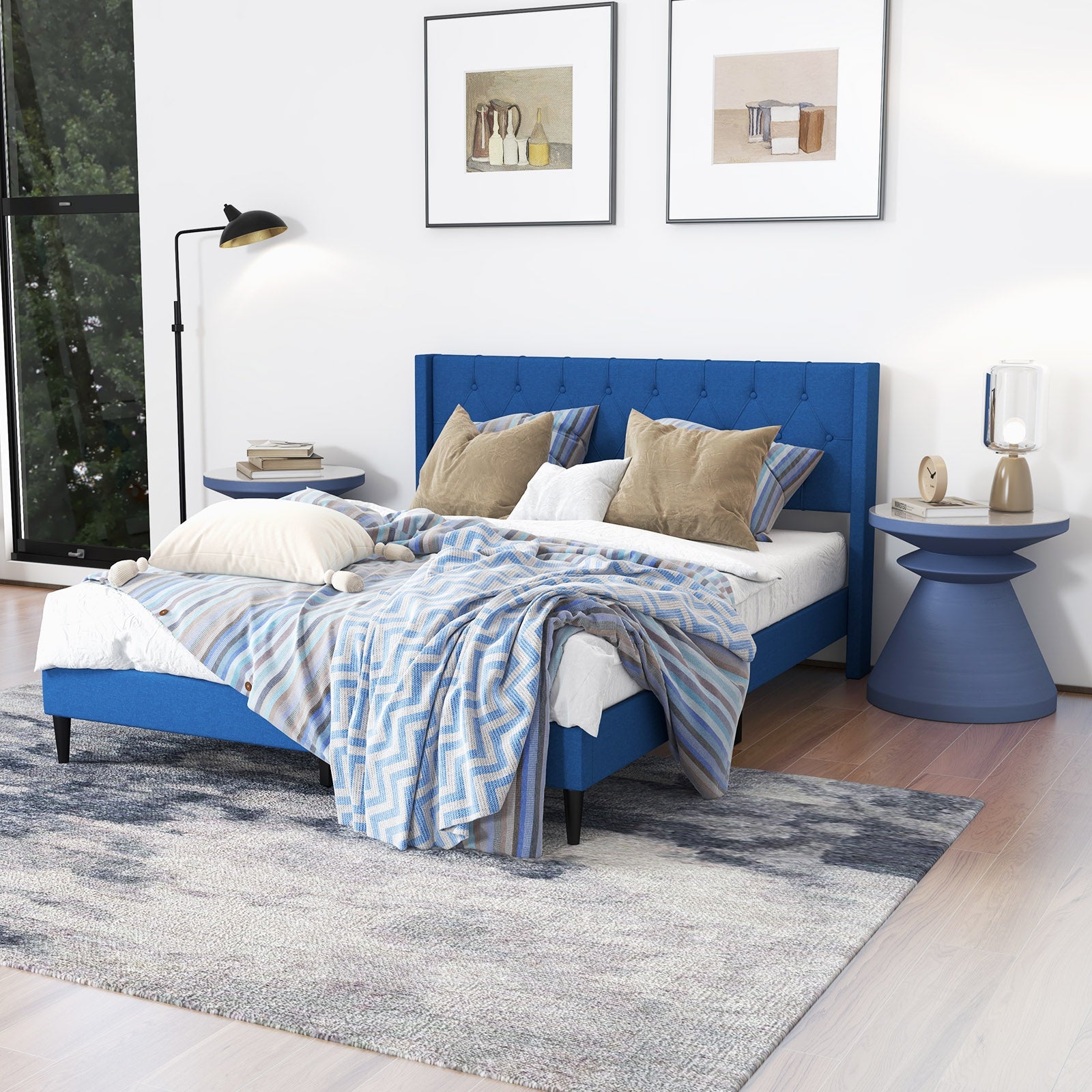 Queen Size Upholstered Platform Bed with Button Tufted Wingback Headboard