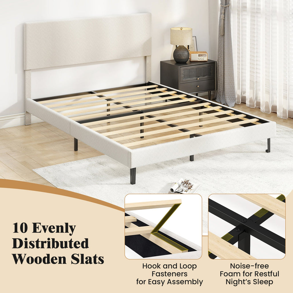 Twin/Full/Queen Size Velvet Bed Frame Upholstered Platform Bed with Chevron Headboard Beige
