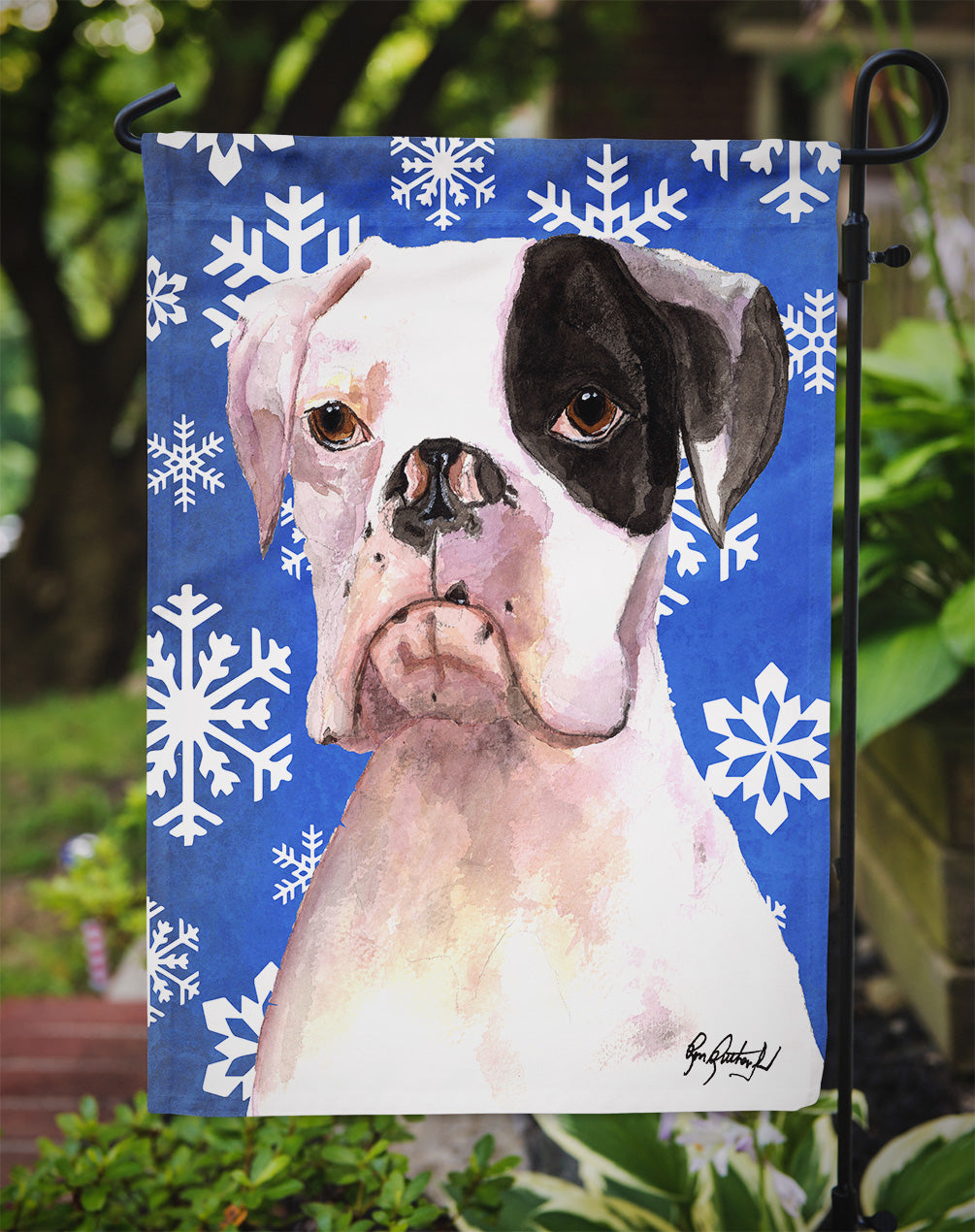 White Boxer Cooper Winter Snowflakes Garden Flag Mailbox Decorative Yard Banner Outside Patio Artwork for Flower Beds, Garden Size, Multicolor