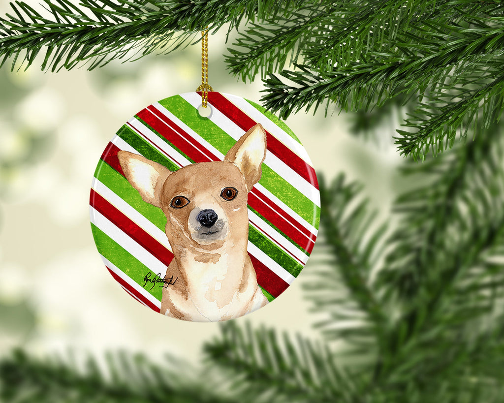 Chihuahua Candy Cane Christmas Ceramic Ornament Christmas Tree Hanging Decorations for Home Christmas Holiday, Party, Gift, 3 in, Multicolor