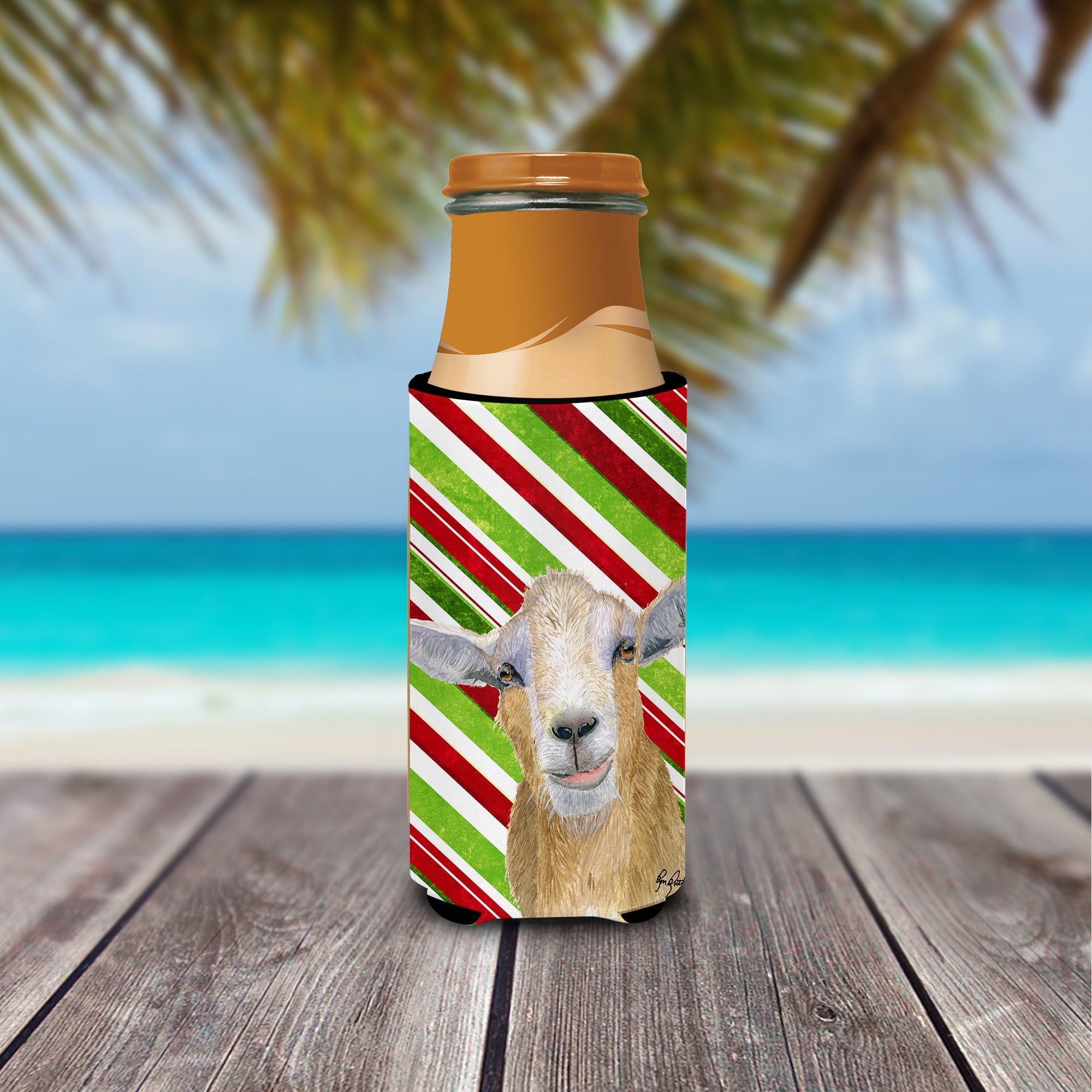 Goat Red Snowflakes Holiday Christmas Slim Can Hugger , Insulated Foam Hugger for 12 oz Slim Cans, Beer Bottles & Water Bottles, Printed in USA
