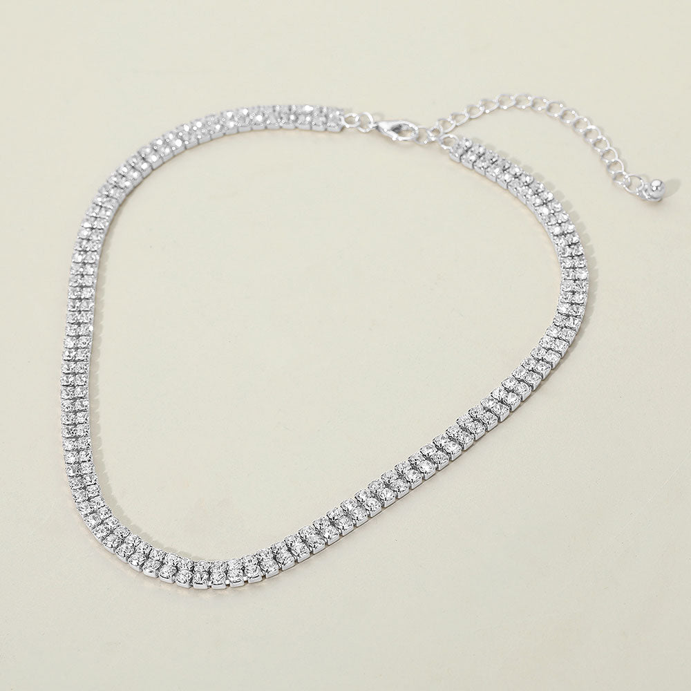 Silver Dipped Double Row Rhinestone Necklace