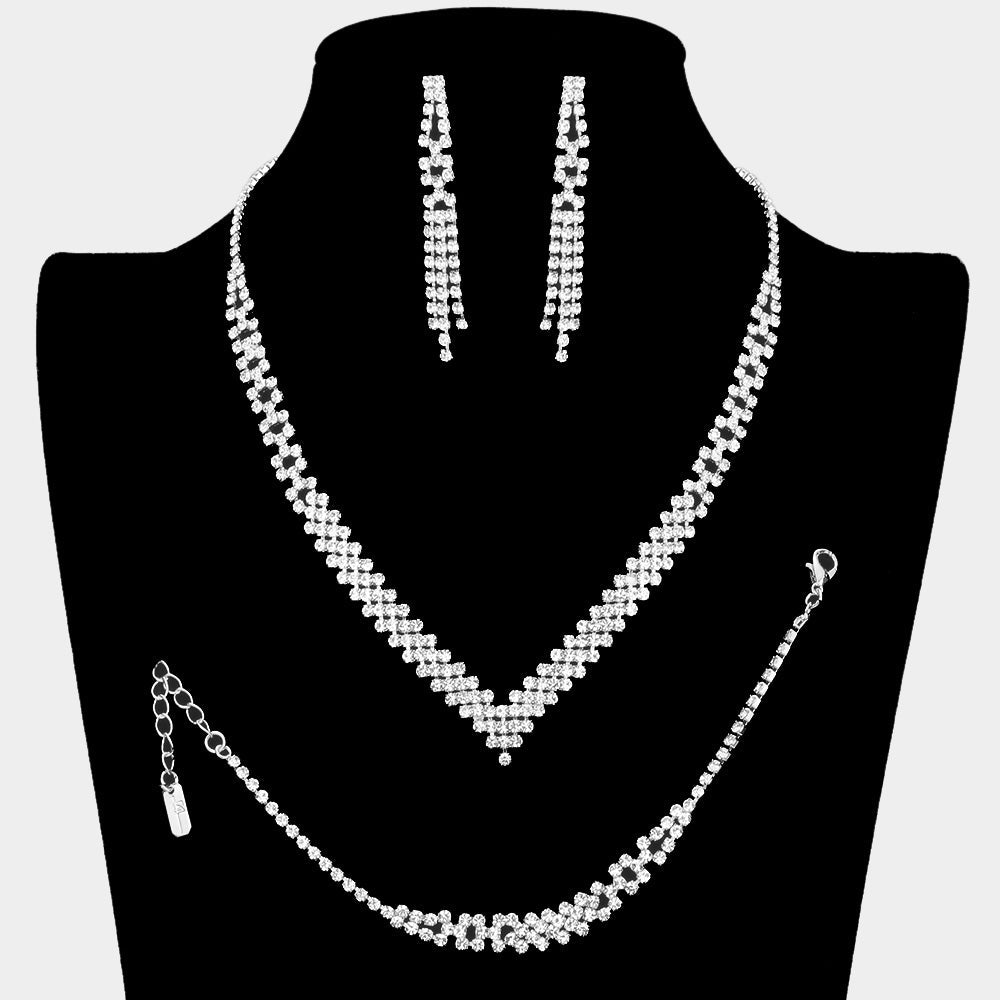 3PCS - Rhinestone Pave Dangle V Shaped Necklace Set