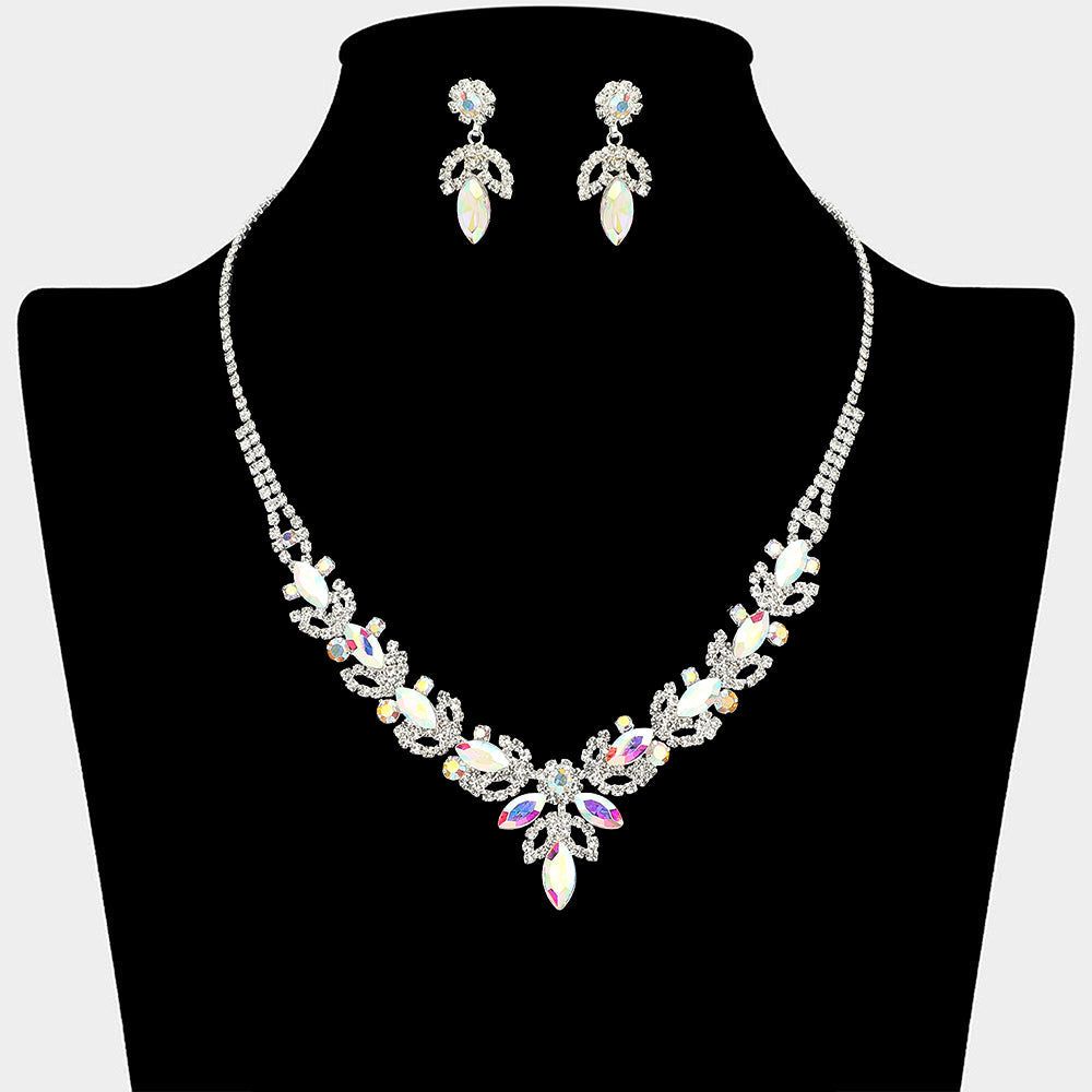 Marquise Stone Cluster Leaf Drop Rhinestone Paved Necklace