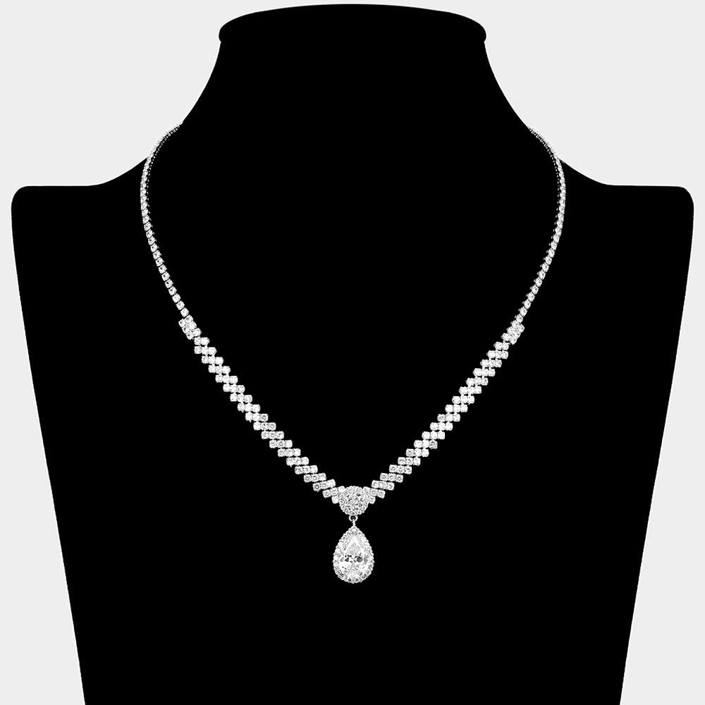 Teardrop CZ Stone Pendant Accent Rhinestone Paved Necklace