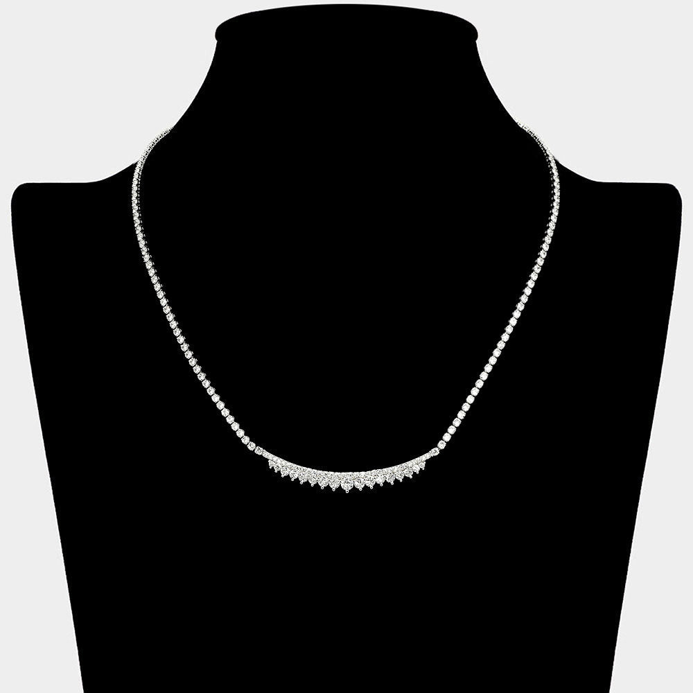 Round CZ Stone Cluster Bar Accent Rhinestone Paved Necklace