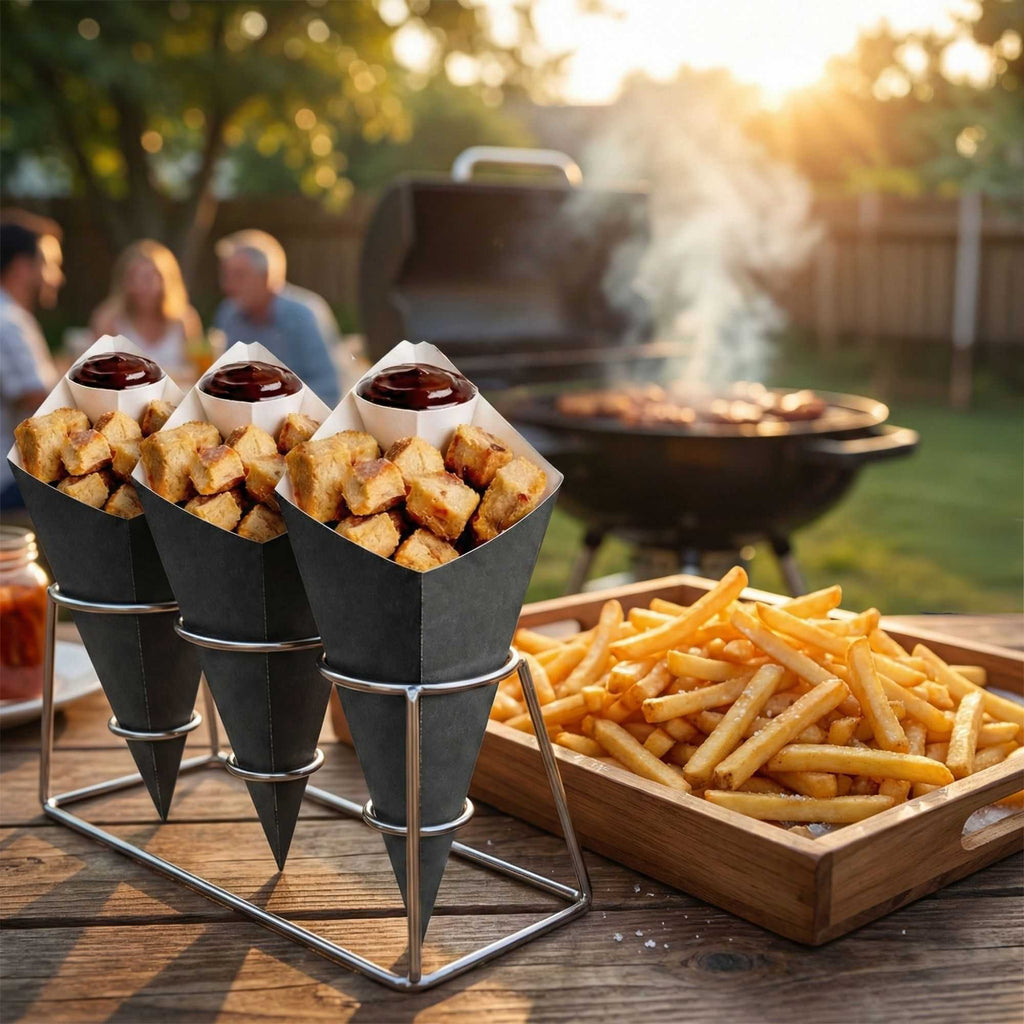 Cone Tek Black Paper Food Cone - with Dipping Pocket - 9 1/2" x 5 1/2" - 100 count box