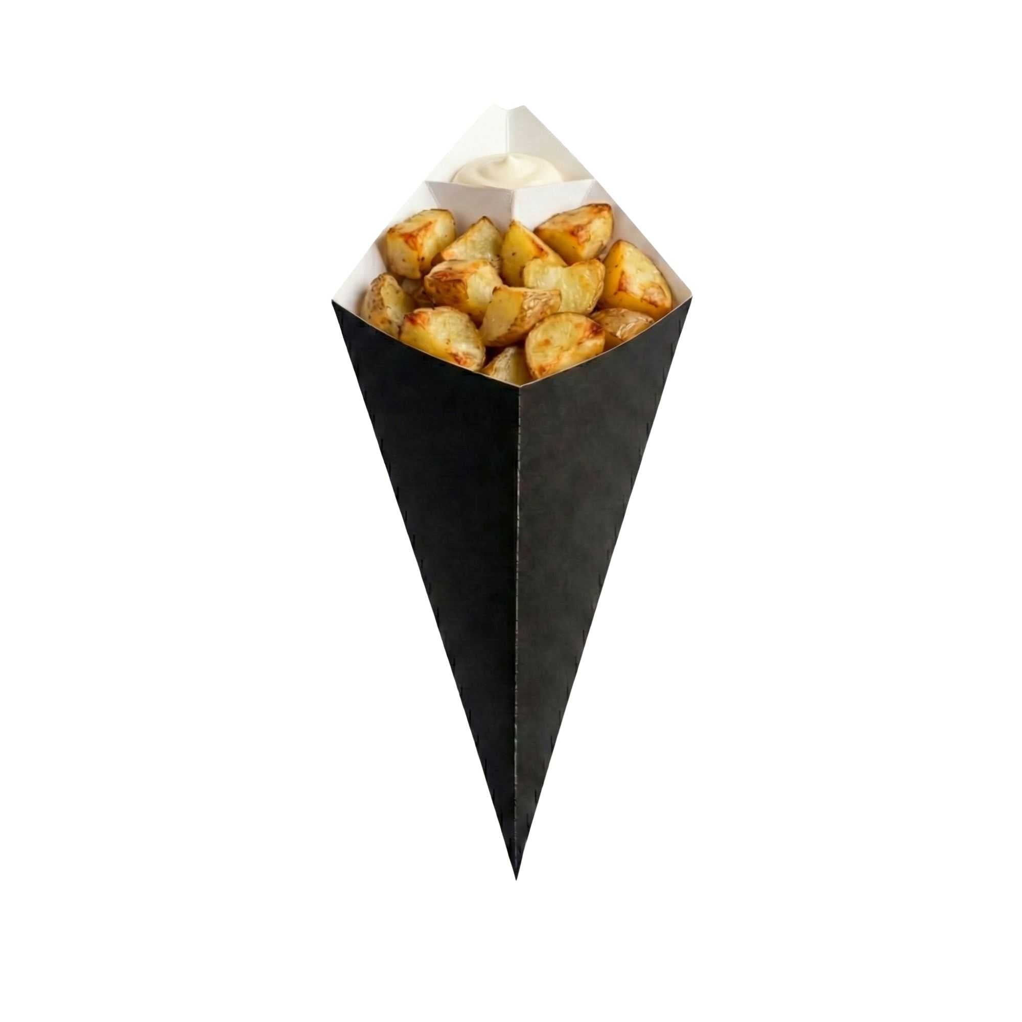 Cone Tek Black Paper Food Cone - with Dipping Pocket - 15" x 9" - 100 count box