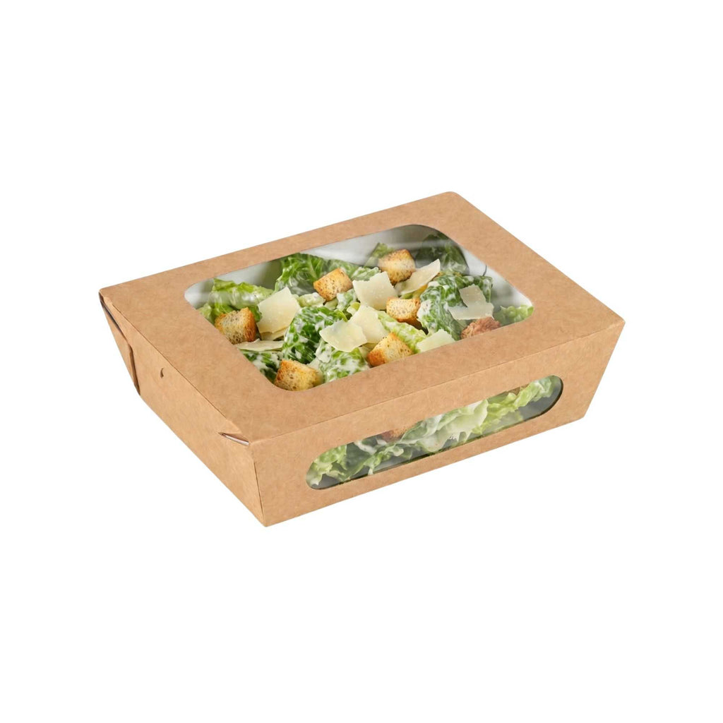 Cafe Vision 28 oz Rectangle Kraft Paper Small Bio Take Out Container - Two Windows - 6 1/4" x 4 3/4" x 2" - 200 count box