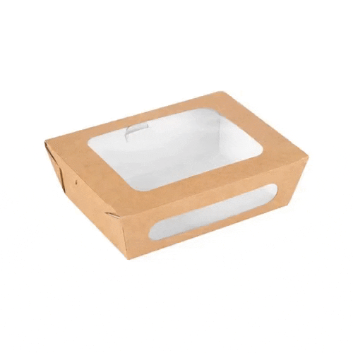Cafe Vision 28 oz Rectangle Kraft Paper Small Bio Take Out Container - Two Windows - 6 1/4" x 4 3/4" x 2" - 200 count box