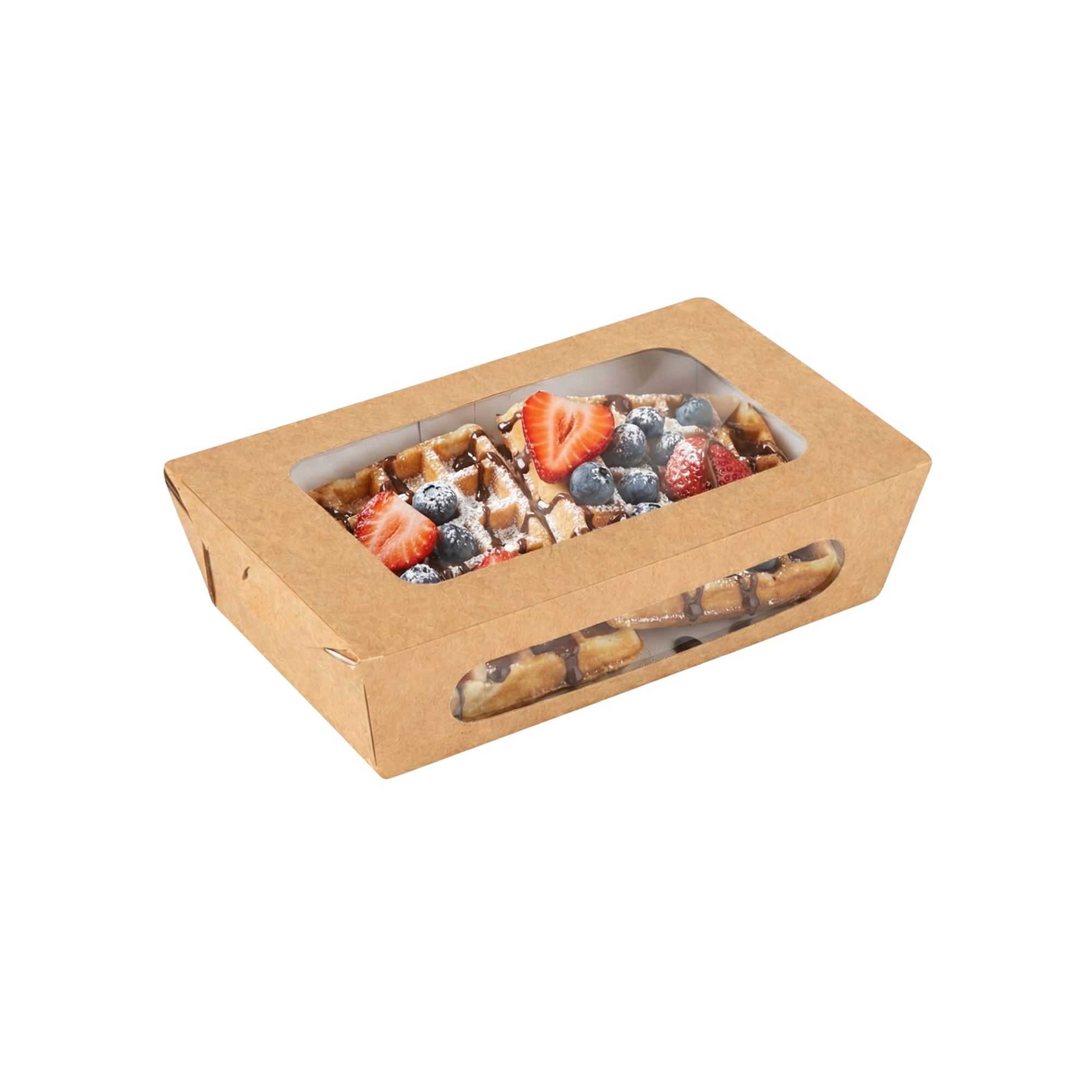 Cafe Vision 35 oz Rectangle Kraft Paper Medium Bio Take Out Container - Two Windows - 8" x 4 3/4" x 2" - 200 count box