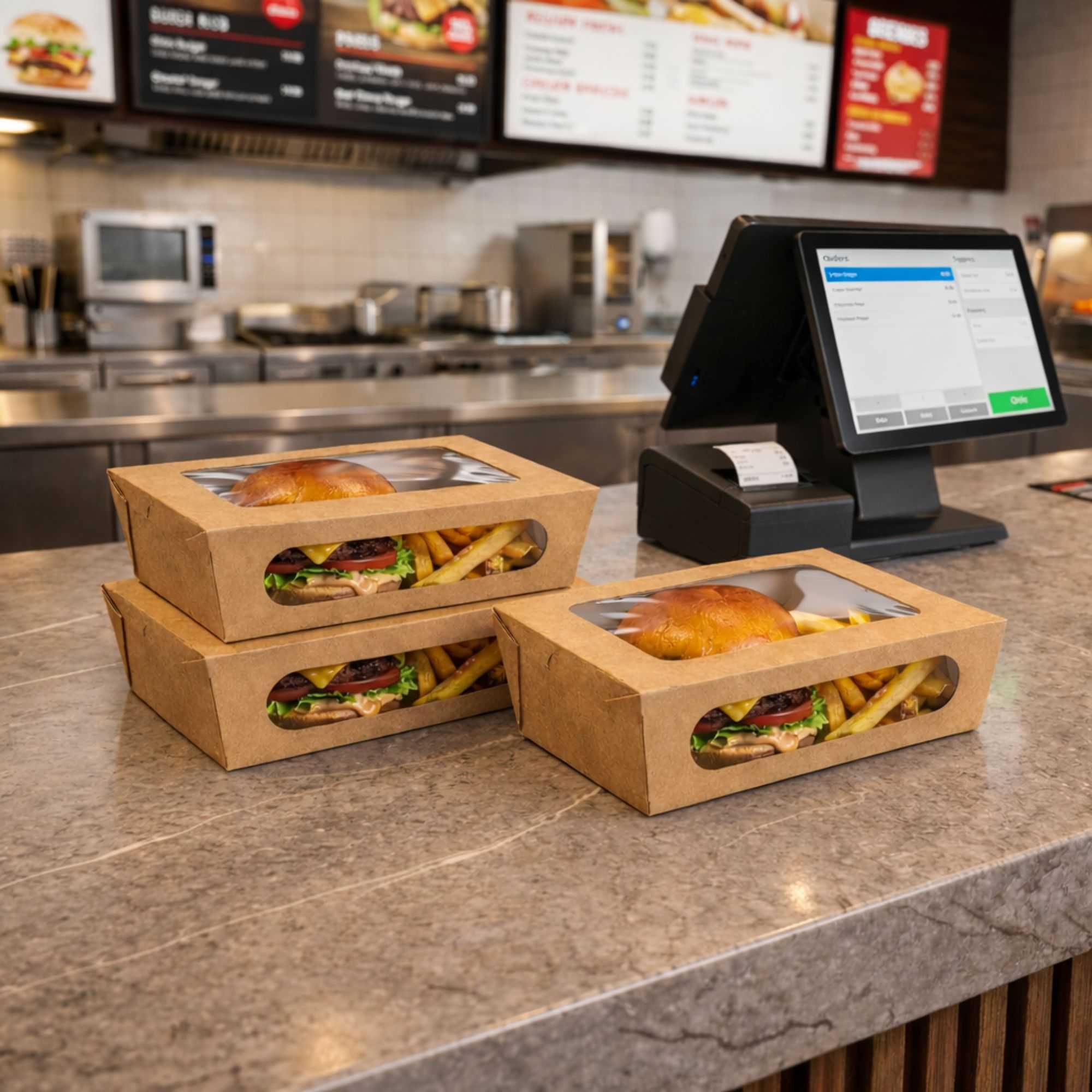 Cafe Vision 57 oz Rectangle Kraft Paper Extra Large Bio Take Out Container - Two Windows - 8" x 5 1/2" x 2 1/2" - 200 count box