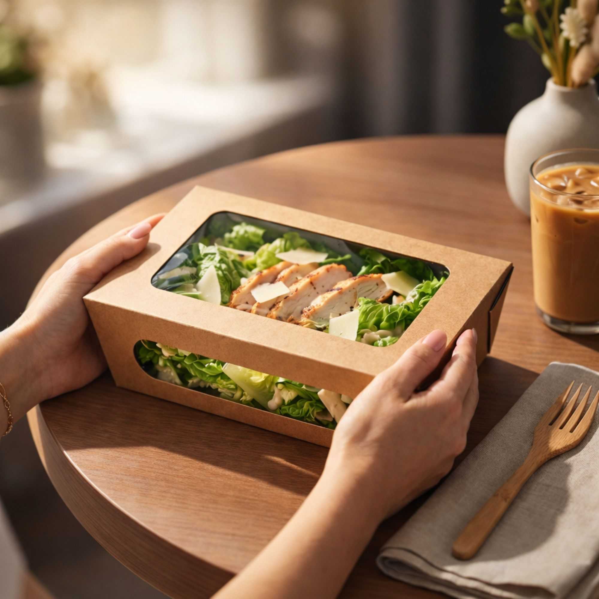 Cafe Vision 57 oz Rectangle Kraft Paper Extra Large Bio Take Out Container - Two Windows - 8" x 5 1/2" x 2 1/2" - 200 count box