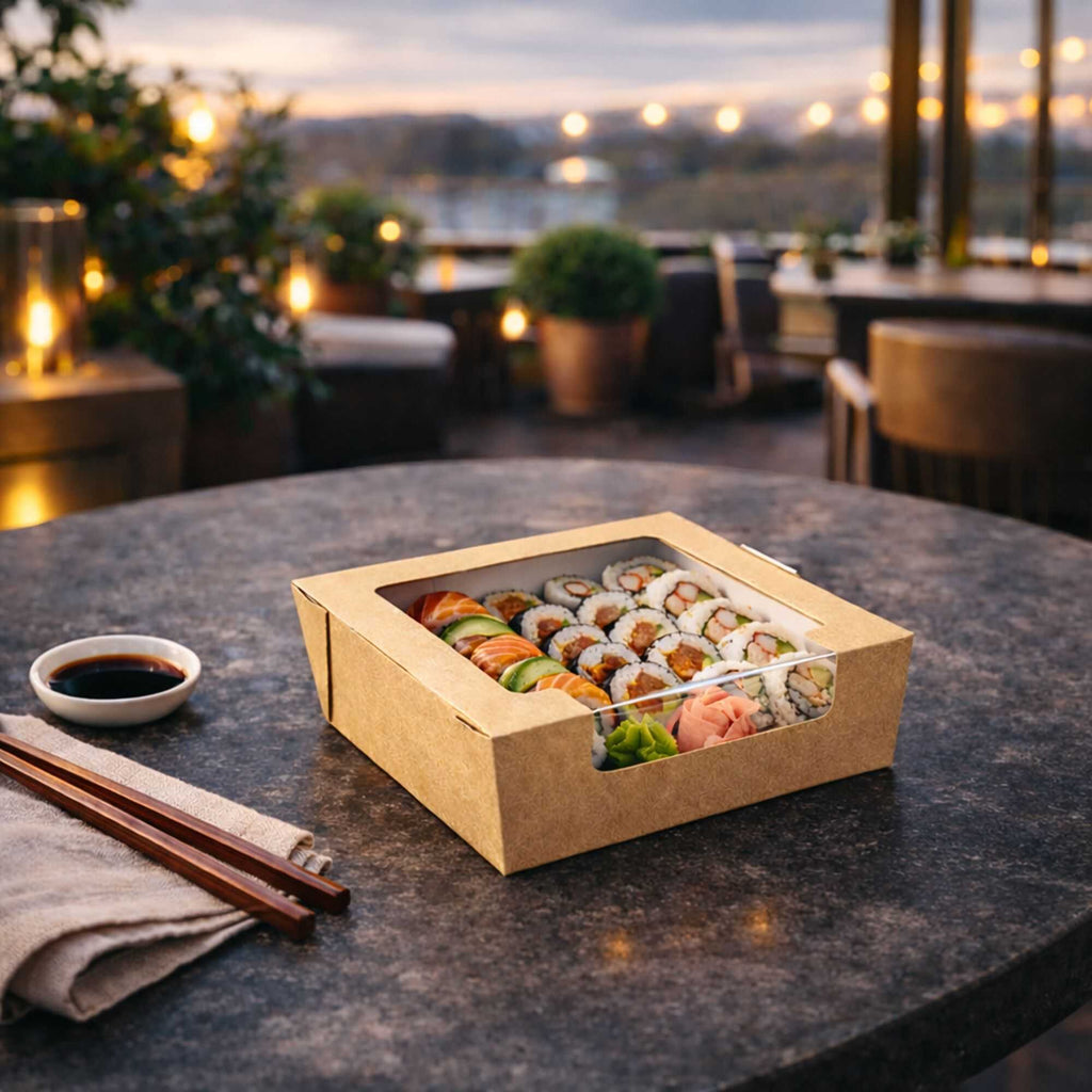 Cafe Vision 26 oz Rectangle Kraft Paper Medium Bio Salad Box - 5 3/4" x 5 3/4" x 1 3/4" - 200 count box