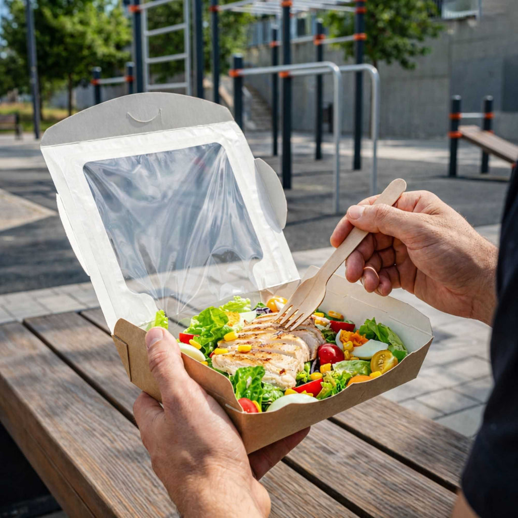 Cafe Vision 40 oz Rectangle Kraft Paper Large Bio Salad Box - 8 1/4" x 6 1/4" x 1 1/2" - 200 count box