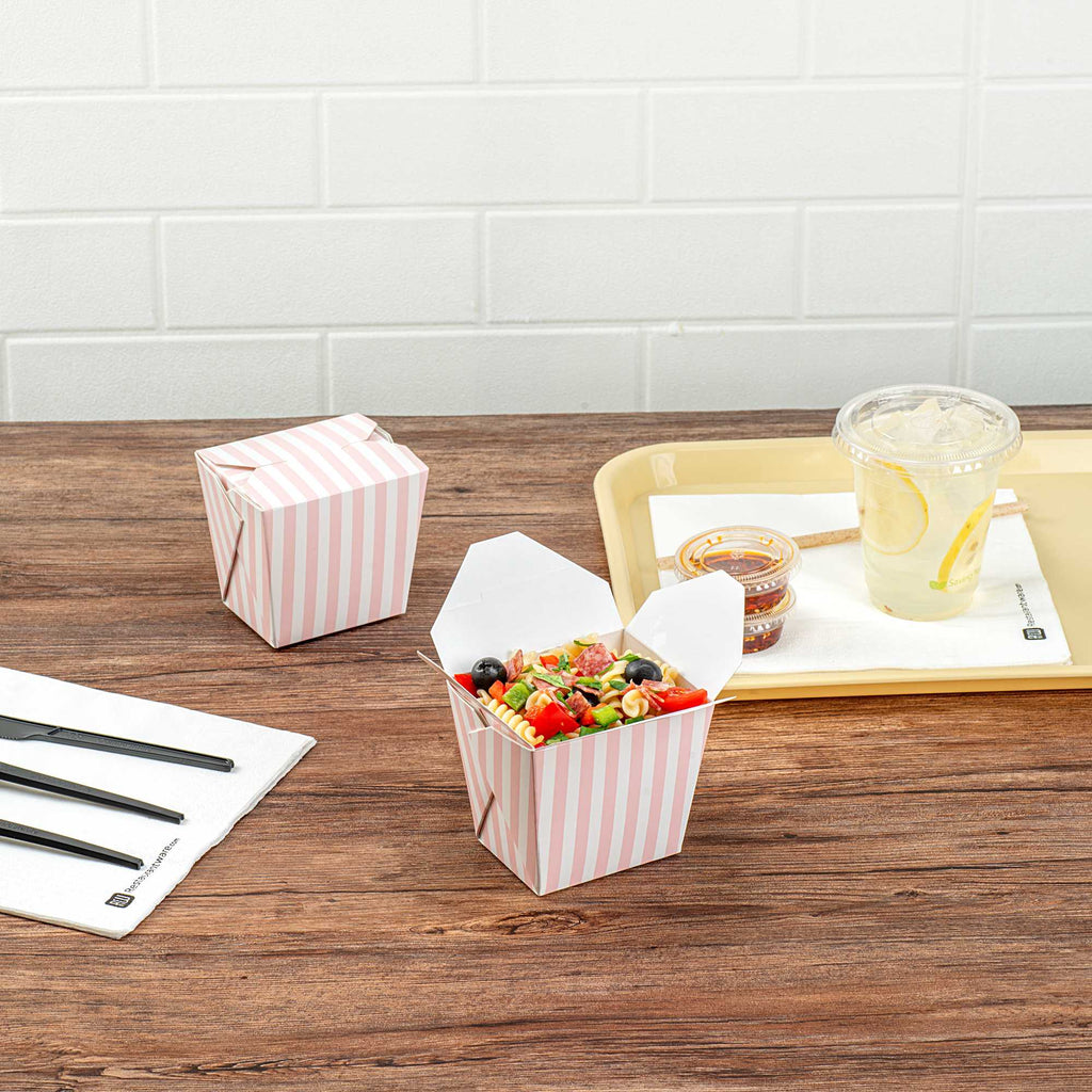 Bio Tek 16 oz Square Pink and White Stripe Paper Noodle Take Out Container - 3 1/2" x 3" x 3 1/4" - 200 count box