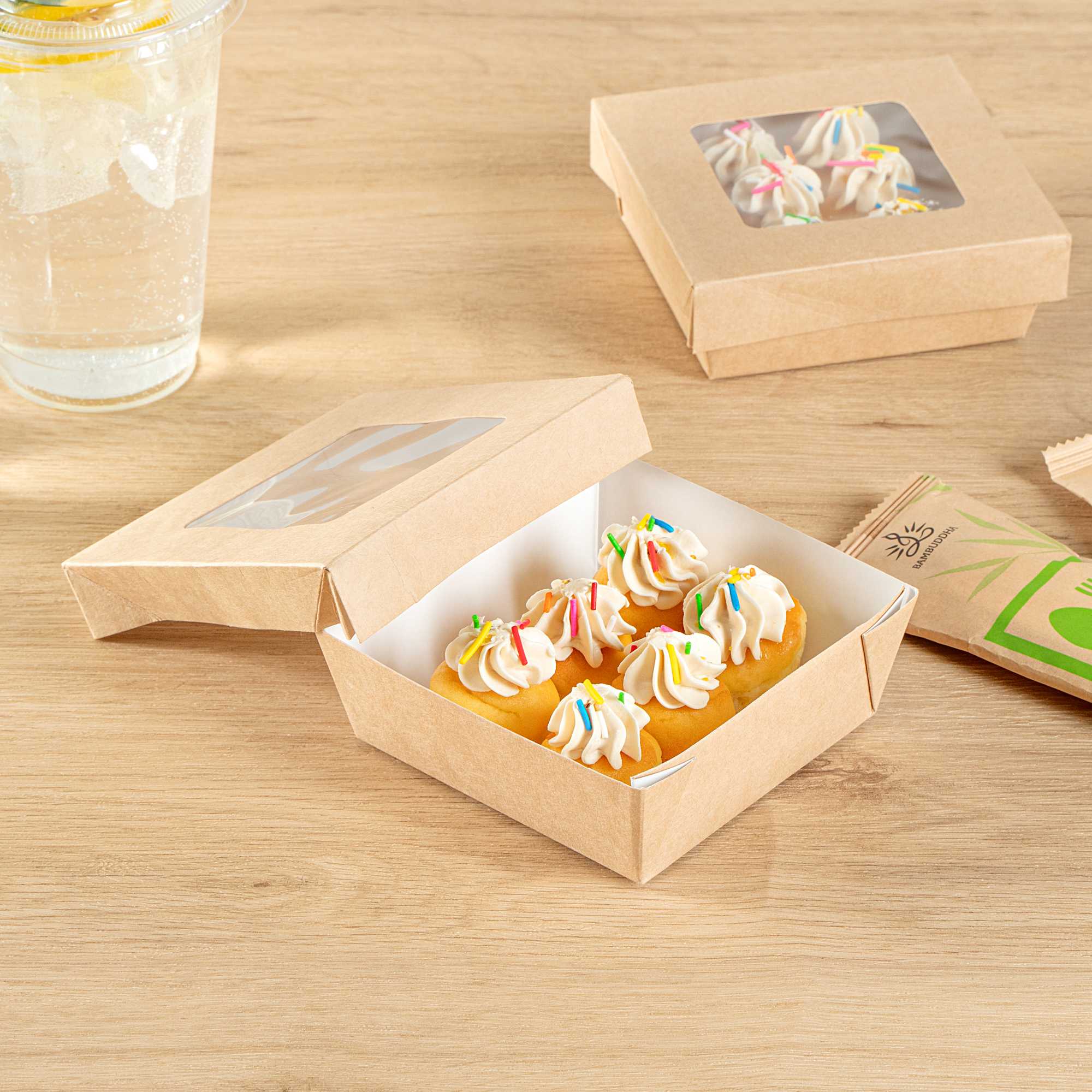 Cafe Vision 13 oz Square Kraft Paper Small Take Out Container - 4 1/2" x 4 1/2" x 1 1/2" - 200 count box