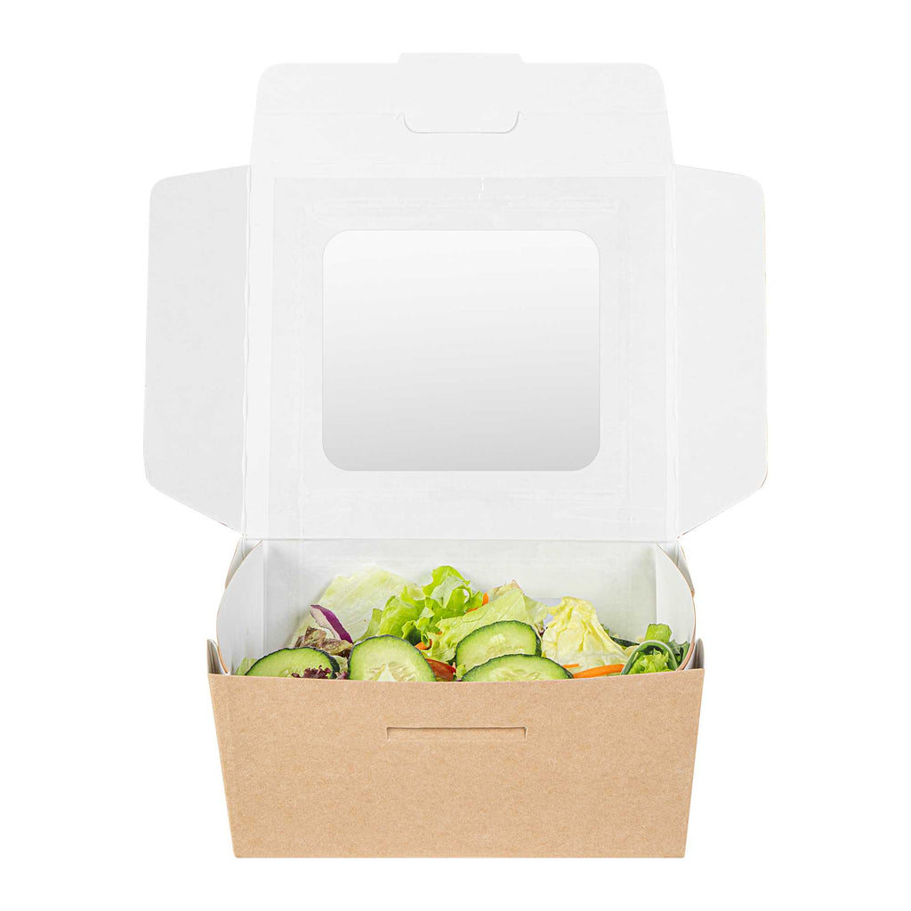 Cafe Vision 41 oz Rectangle Kraft Paper Large Bio Take Out Container - Two Windows - 5 1/4" x 6" x 2 1/2" - 200 count box