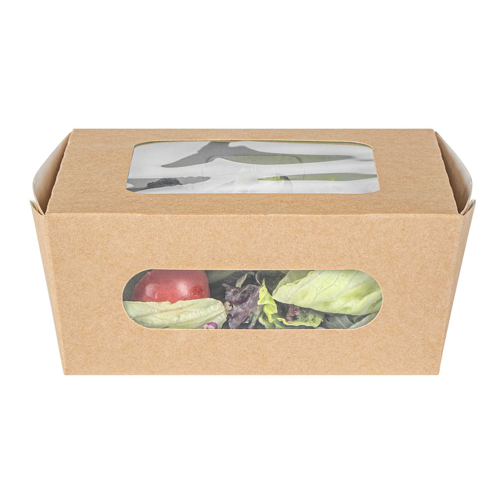 Cafe Vision 41 oz Rectangle Kraft Paper Large Bio Take Out Container - Two Windows - 5 1/4" x 6" x 2 1/2" - 200 count box