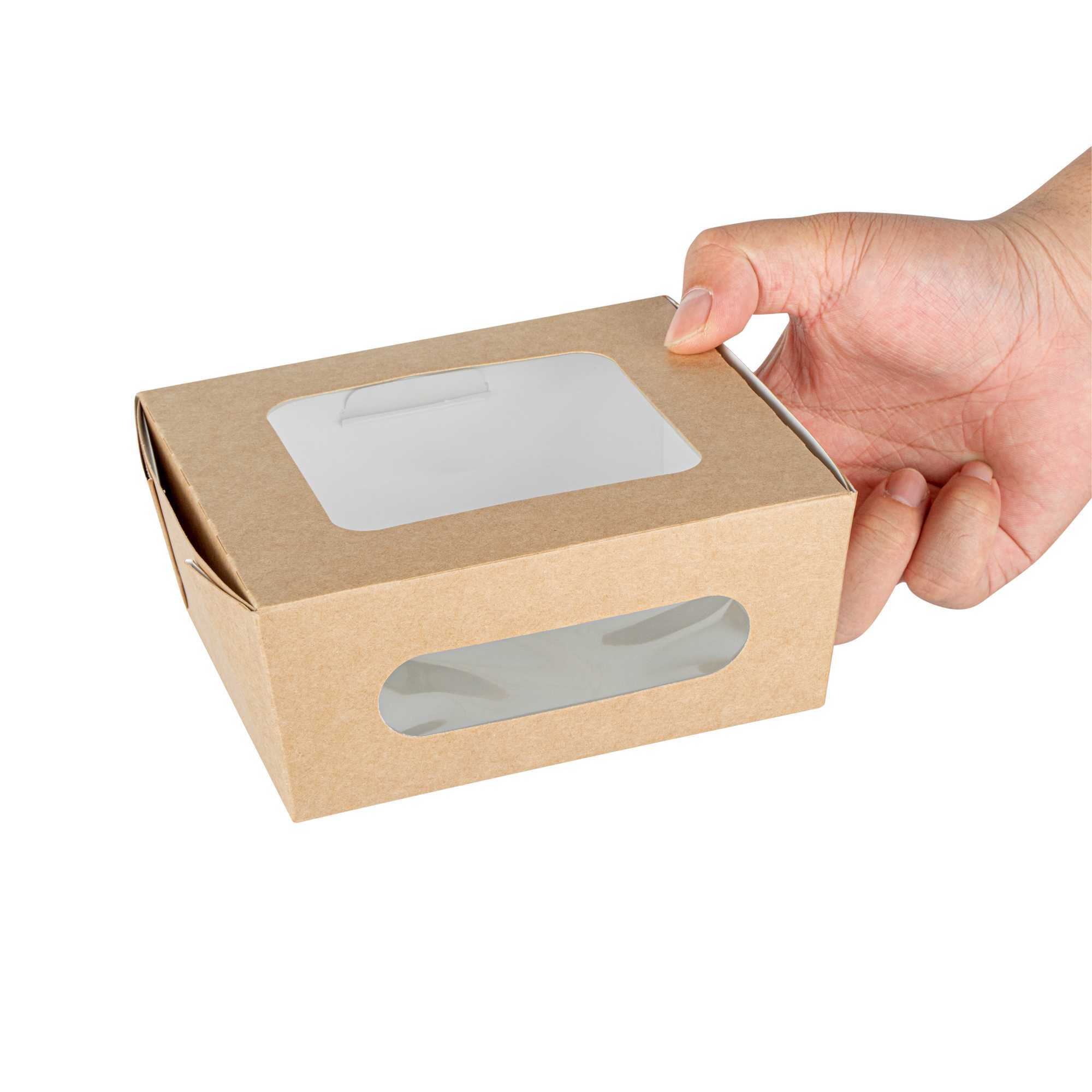 Cafe Vision 41 oz Rectangle Kraft Paper Large Bio Take Out Container - Two Windows - 5 1/4" x 6" x 2 1/2" - 200 count box